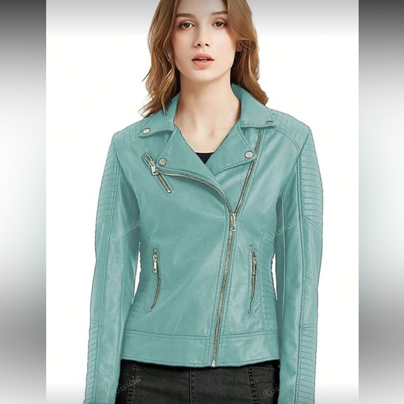 Teal Blue-Green Cropped Faux Leather Jacket-Asymmetric Zip, Edgy Casual Style - Picture 2 of 7